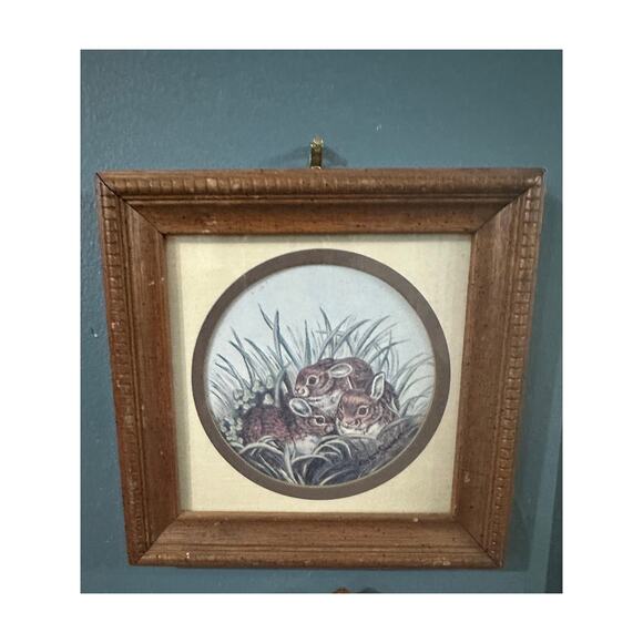 Vintage Pair Of Kay Shannon Bunny Rabbit Litho Pictures Wall Hangings Wood Frame - Picture 3 of 10